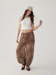 Chiffon Mid Rise Floral Paisley Drawstring Balloon Pants