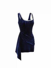 Velvet U-neckline Rhinestone Draped Ruched Corset Mini Dress