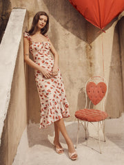 Chiffon Floral U-neckline Ruffle Hem Maxi Dress