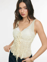 U-neckline Bowknot Lace Tie Front Ruched Tank Top