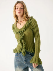 Wool-blend Knit V-Neck Lettuce Trim Ruffle Sleeve Cardigan