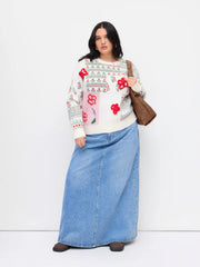 Knit Round Neckline Floral Patched Long Sleeve Top Curve & Plus
