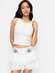Jacquard Floral Embroidery Lace Ruffle Tiered Mid Rise Mini Skirt