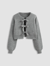 Knit Round Neck Solid Tie Front Bowknot Cardigan