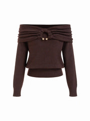 Wool-blend Knit Off-Shoulder Metal Detail Pierced Oversized Sweater