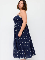 Embroidery Floral Tiered Lace Trim Flared Maxi Dress Curve & Plus
