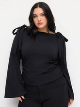 Boat Neck Bowknot Ruched Long Sleeve Top Curve & Plus