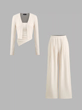 3pcs Solid Cardigan & Ruched Tube Top & Mid Rise Elastic Waist Wide Leg Trousers Set