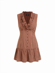 V-neck Striped Ruffled Tie Back Mini Dress