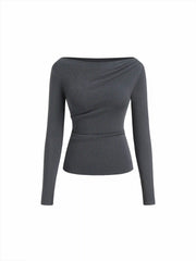 Knit Boat Neck Long Sleeve Ruched Top