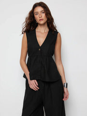 Linen-blend V-neck Ruched Peplum Top & Mid Rise Wide Leg Trousers Set
