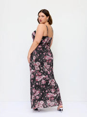 Mesh Floral Sweetheart Lace Trim Ruched Bodycon Maxi Dress Curve & Plus