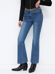 Stretch Cider Denim Low Rise Flared Jeans With Belt