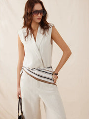 Linen-blend Striped Notched Collar Sleeveless Blouse Bodysuit