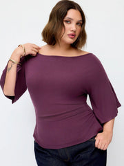 Boat Neck Mid-length Bell Sleeve Ruched Tee Curve & Plus