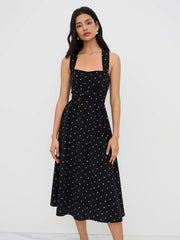 Square Neck Polka Dot Ruffle Criss Cross Maxi Dress