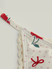 V-neck Check Cherry Graphic Contrasting Binding Halter Cheeky Bikini Swimsuit