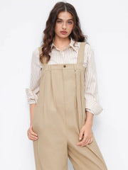 Cotton-blend Square Neck Pleated Button Wide Leg Jumpsuit