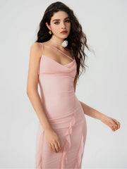 Mesh Ruffle Hem Ruched Midi Dress