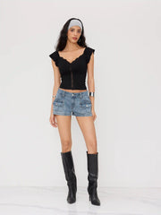 Cotton-blend V-neck Lace Trim Tee