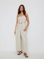 Linen-blend Mid Rise Straight Leg Jumpsuit With Beaded Belt