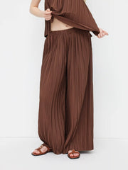 Mid Rise Elastic Waist Pleated Wide Leg Trousers