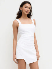 Square Neck Ruched Asymmetrical Hem Mini Dress