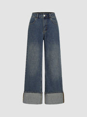 Middle Waist Solid Button Wide Leg Jeans