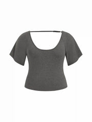Viscose Scoop Neck Backless Middle Sleeve Top Curve & Plus