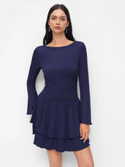 Boat Neck Bell Sleeve Ruched Lettuce Trim Ruffle Layered Mini Dress
