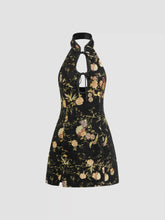Jacquard Halter Neckline Floral Cut Out Tie Front Mini Dress