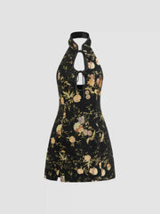 Jacquard Halter Neckline Floral Cut Out Tie Front Mini Dress