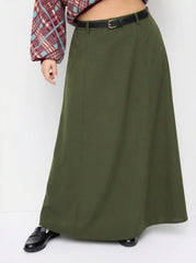 Stretchy Mid Rise Solid Maxi A-line Skirt With Belt Curve & Plus