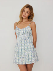 Cotton-blend Floral Stripe Scoop Neck Ruched A-line Mini Dress
