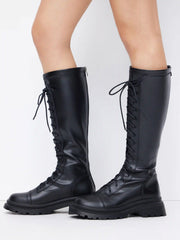 ROUND TOE LACE-UP CHUNKY HEEL KNEE HGH BOOTES