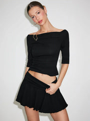 Cotton- blend Off-shoulder Metal Detail Top & Low Rise Ruched Mini Skirt Set