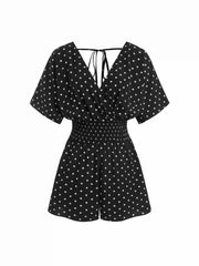 Polka Dot V-neck Cloak Sleeve Wrap Shirred Mid Rise Oversized Romper