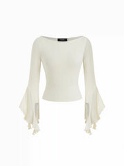 Boat Neck Long Ruffle Sleeve Top