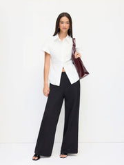 Cotton-blend Collar Short Sleeve Ruched Shirt