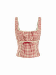 Gingham Square Neck Ruched Corset Tank Top