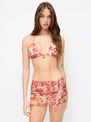 Floral & Leopard Halter Neckline Ring Detail Triangle Bikini Set With Sarong