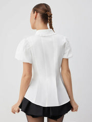 Cotton-blend Puff Sleeve Peter Pan Collar Peplum Blouse