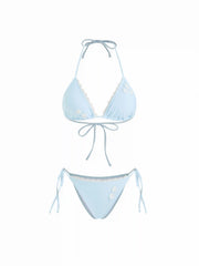 Halter Neckline Floral Applique Lace Trim Tie Side Triangle Bikini Set