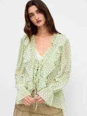 Chiffon V-neck Geometric Lettuce Trim Ruffle Bell Sleeve Blouse