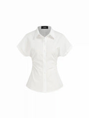 Cotton-blend Collar Short Sleeve Ruched Shirt