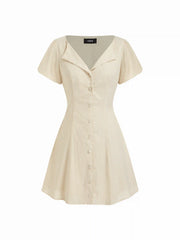 Cotton-blend Striped Puff Sleeve Twist Knotted A-line Mini Dress
