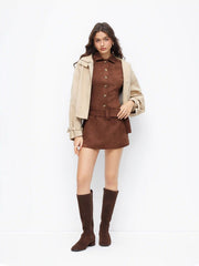 Suede Polo Button Front Belted Mini Dress