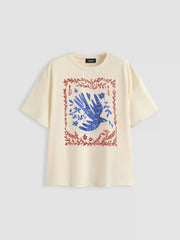 Camiseta de algodón mezclado, cuello redondo, floral y holgada
