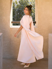 Satin Cape Sleeve Belted Maxi Dress With Metal Detail