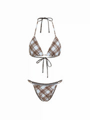 High Stretch Plaid Halter Triangle Top & Mid Rise Bikini Shorts 3 Piece Bikini Set